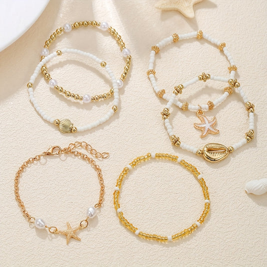 6pcs Set of Elegant Ocean-Themed Acrylic Beaded Bracelets with Starfish and Other Elements, Perfect for Men and Women's Vacation Parties as a Gift for Your Girlfriend