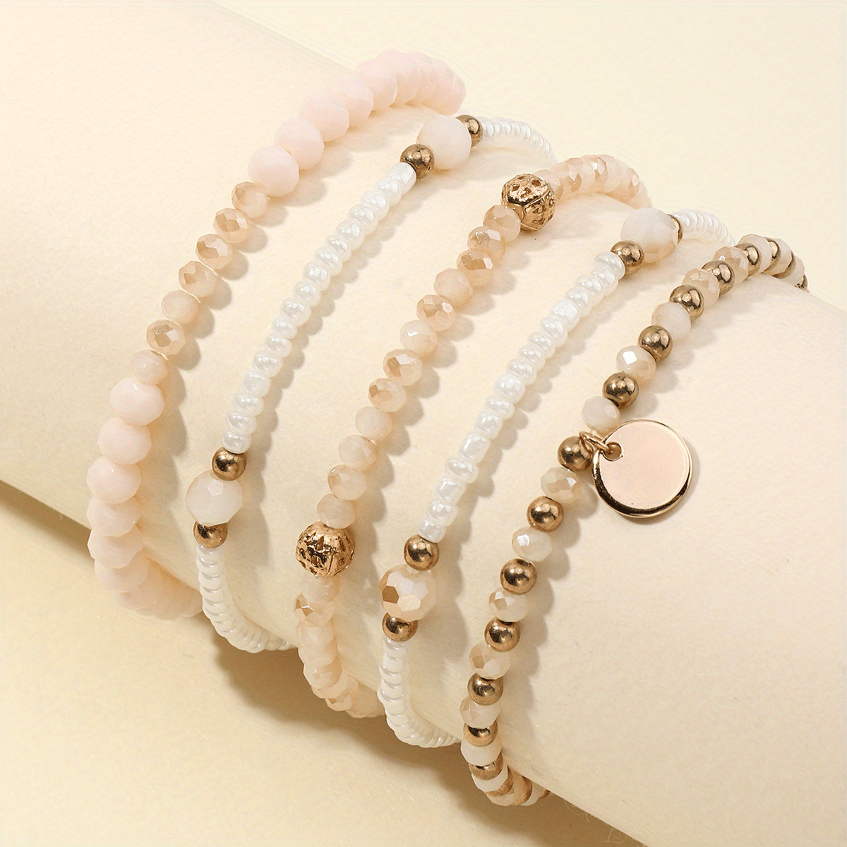 Set of Five Minimalist Round Pendant Bead Bracelets