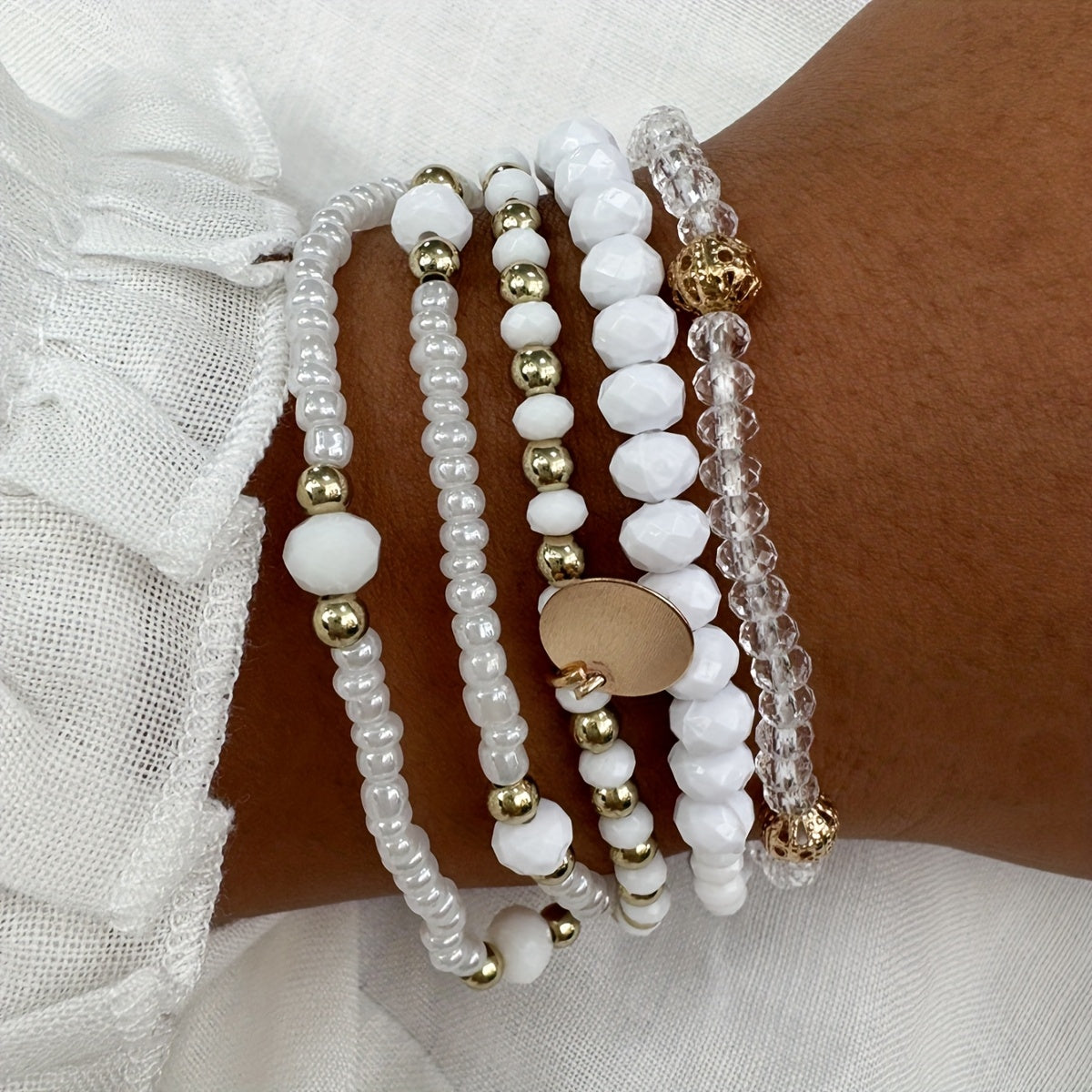 Set of Five Minimalist Round Pendant Bead Bracelets