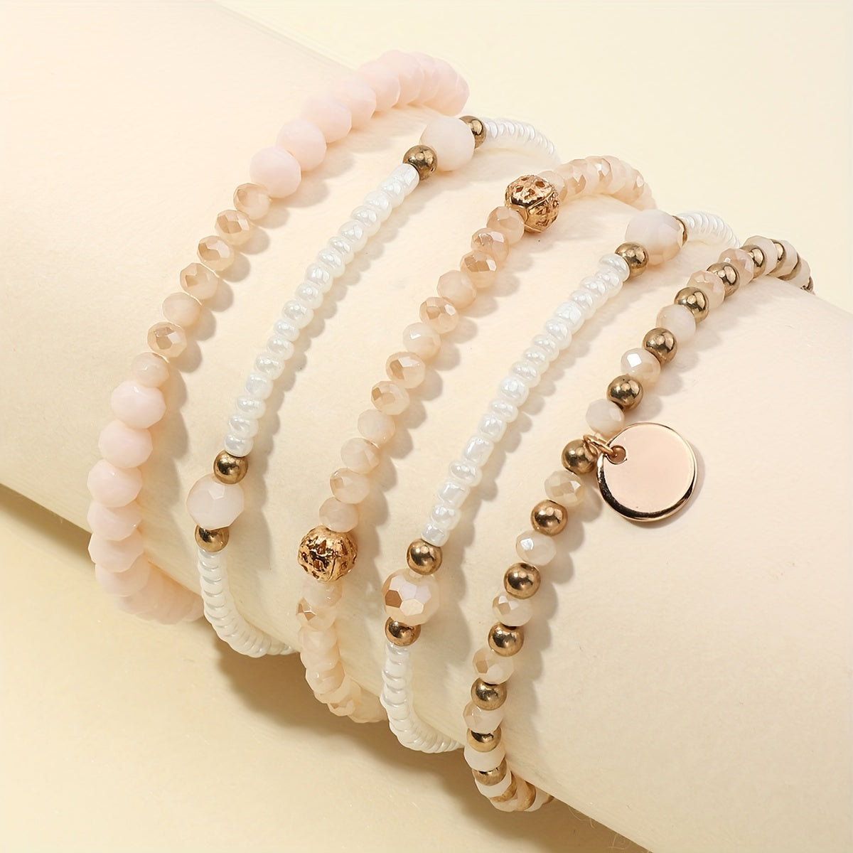 Set of Five Minimalist Round Pendant Bead Bracelets