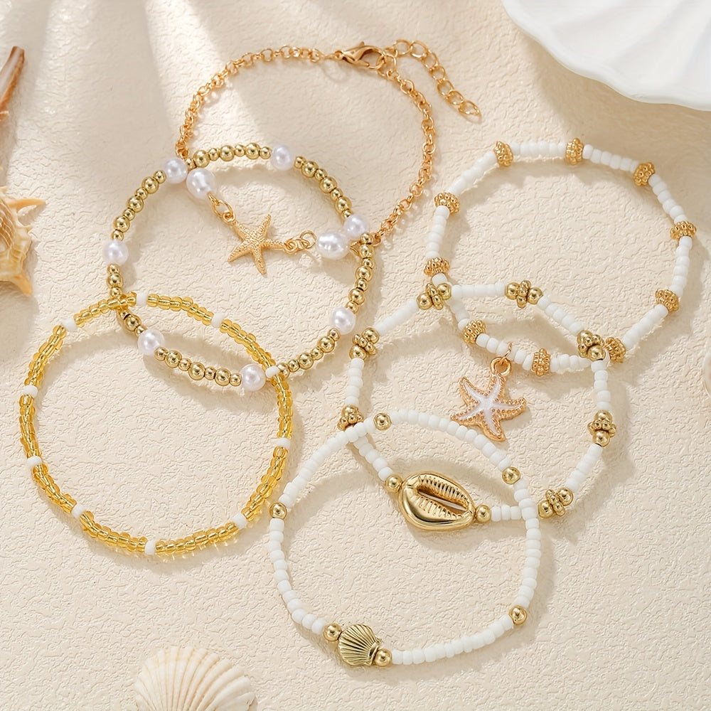 6pcs Set of Elegant Ocean-Themed Acrylic Beaded Bracelets with Starfish and Other Elements, Perfect for Men and Women's Vacation Parties as a Gift for Your Girlfriend