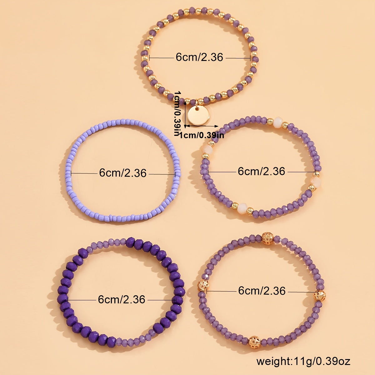 Set of Five Minimalist Round Pendant Bead Bracelets