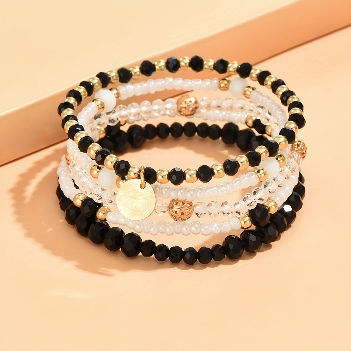 Set of Five Minimalist Round Pendant Bead Bracelets