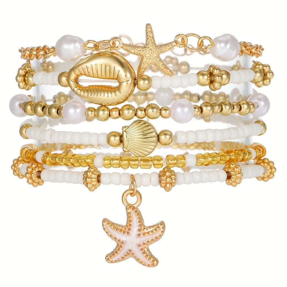 6pcs Set of Elegant Ocean-Themed Acrylic Beaded Bracelets with Starfish and Other Elements, Perfect for Men and Women's Vacation Parties as a Gift for Your Girlfriend