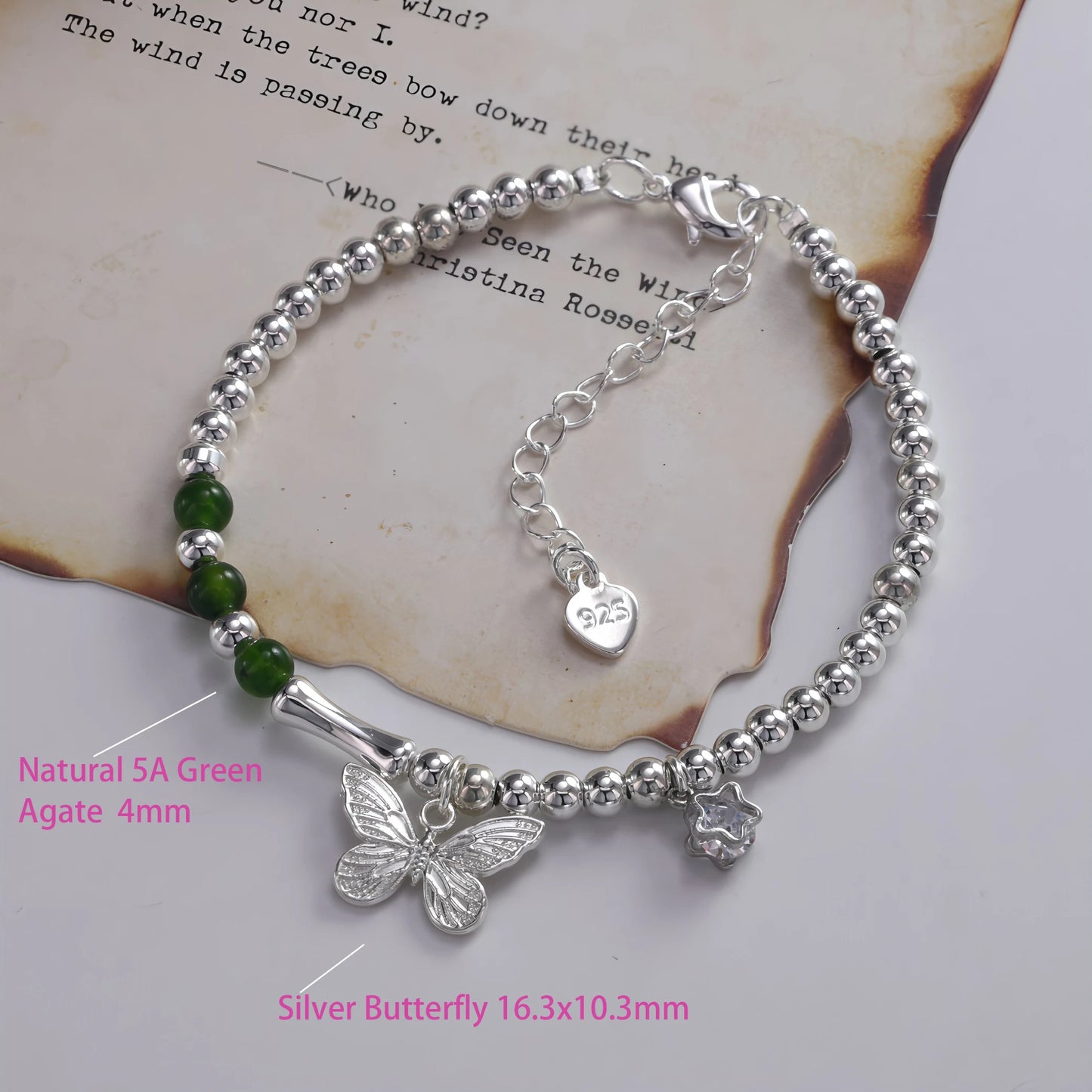 VENTFILLE 925 Sterling Silver Butterfly Bracelet for Girl Bead String Design Insect Fashion Versatile Jewelry Gift Dropshipping