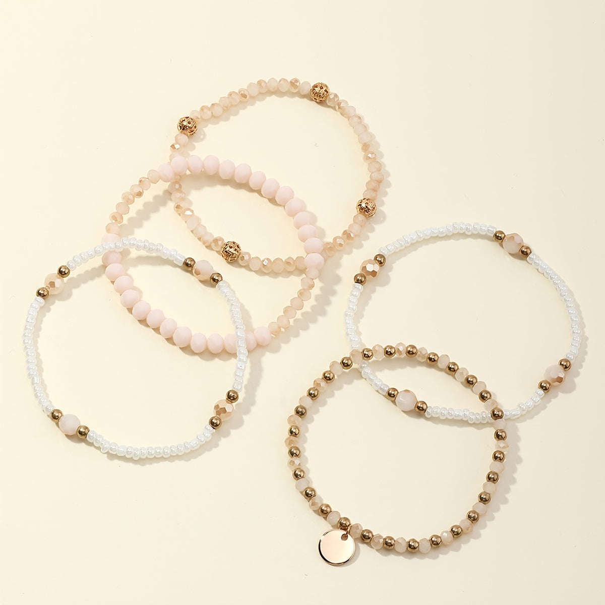 Set of Five Minimalist Round Pendant Bead Bracelets