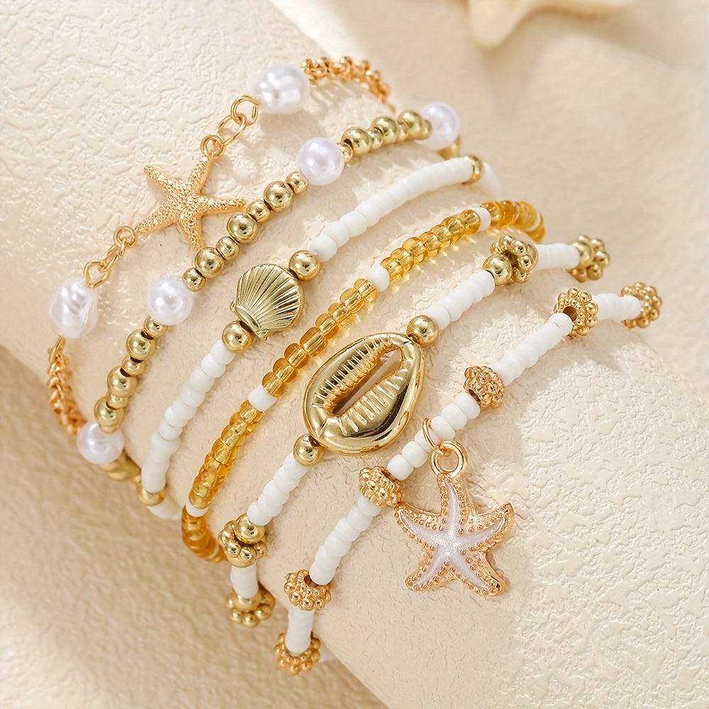 6pcs Set of Elegant Ocean-Themed Acrylic Beaded Bracelets with Starfish and Other Elements, Perfect for Men and Women's Vacation Parties as a Gift for Your Girlfriend