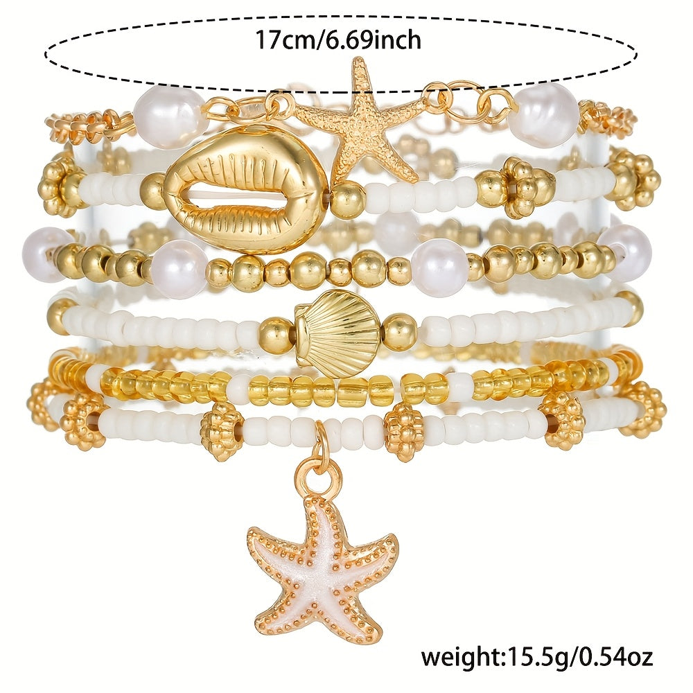 6pcs Set of Elegant Ocean-Themed Acrylic Beaded Bracelets with Starfish and Other Elements, Perfect for Men and Women's Vacation Parties as a Gift for Your Girlfriend