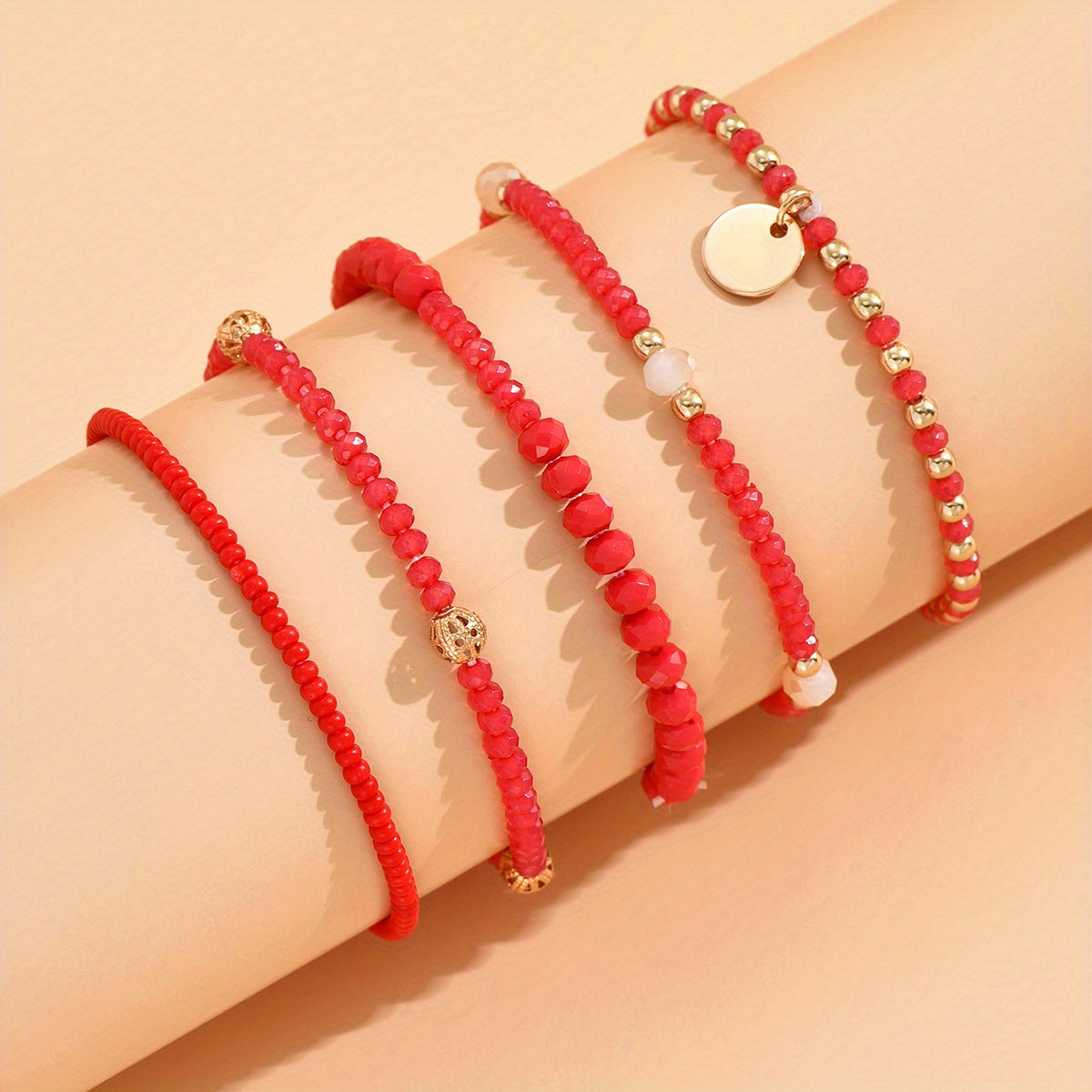 Set of Five Minimalist Round Pendant Bead Bracelets