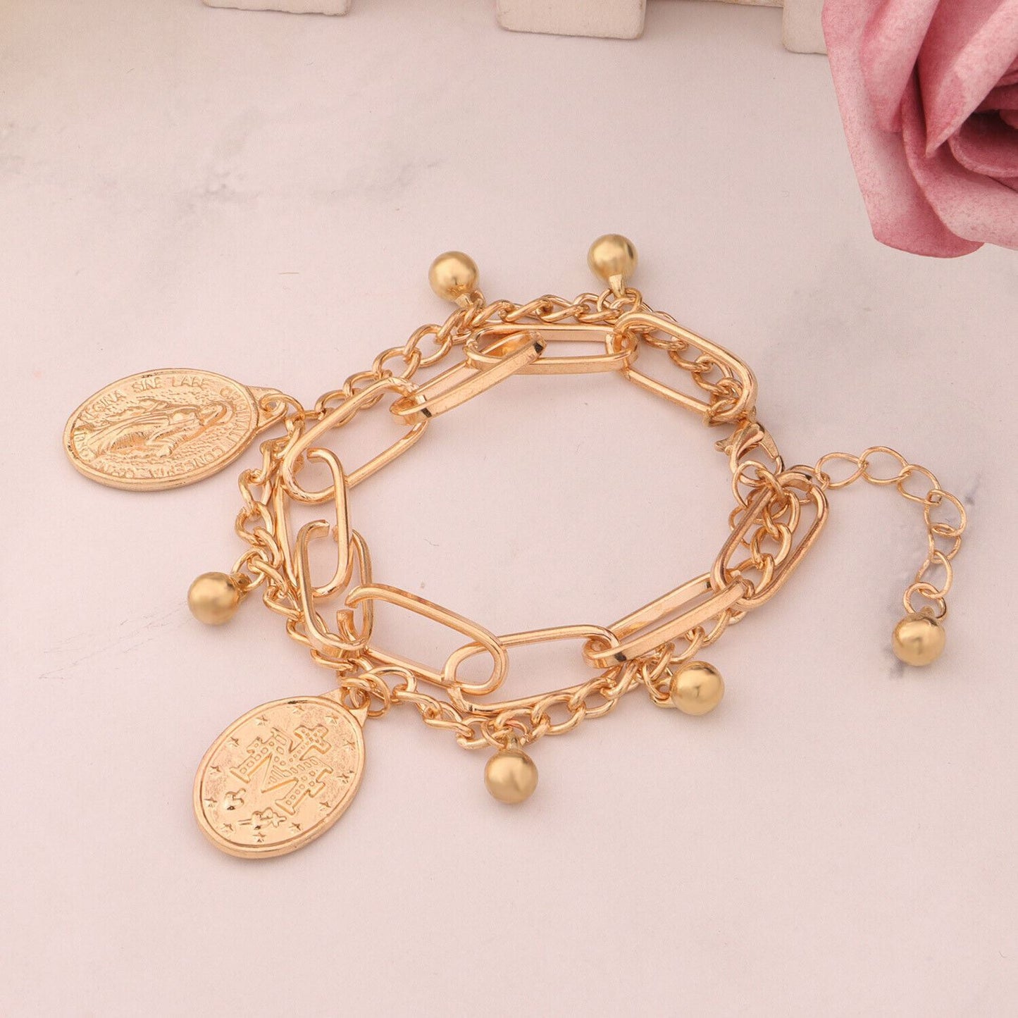 Punk Multilayer Chain Charm Bracelet Heart Cross Coin Jewellery